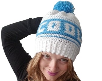 Cool Retro Ski Hat 1980s crochet pattern tutorial vintage graphic tapestry chart ribbed single crochet knit like pompom beanie winter toque