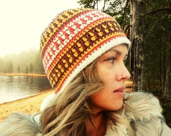 Nordic Terrain Beanie Winter Hat Toque Crochet Pattern Unisex Adult Size Warm Cozy Fun Multi Color Fall Christmas Gift Idea Intermediate