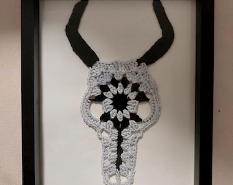 Deer Skull Animal Head with Horns Antlers Crochet Pattern Tutorial Photos Intermediate motif or granny square art for clothing blanket, hats