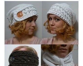 Textured Headband Slouch Hat Cowl Crochet Pattern Big Button Toddler Adult Child Advanced