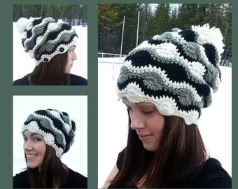Winterwood Slouch Hat Crochet Pattern Winter Beanie Slouchy Hat Easy Worsted wavy ripple design adult teen youth pom pom button striped