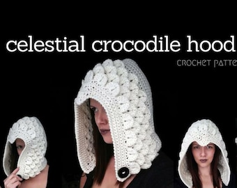 Celestial Crocodile Hood Crochet Pattern Crocodile Stitch Experienced Worsted Aran Hat Warm Cozy Textured Winter Mythical Fantasy Fun Hood