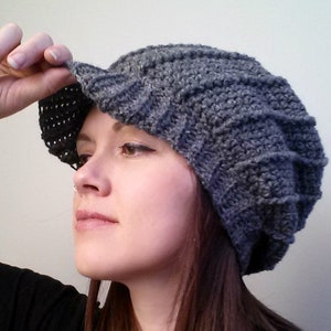 New Brunswick Slouch Hat, Crochet Pattern Ribbed Brimmed Peak Cap, Worsted Wool Easy Spiral Effect Winter Cozy Adult Youth Toddler, Textured
