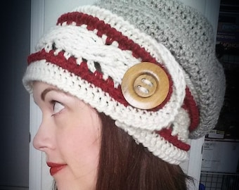 Cable Slouch Hat Crochet Pattern, Oversized Button Headband (PDF Pattern)