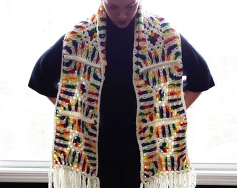 Kaleido-scarf crochet scarf pattern kaleidoscope fringes tassel geometric fun colorful wrap intermediate granny square mexicana stripes