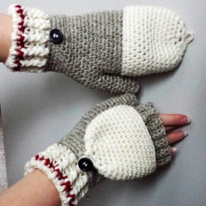 Work Sock Glittens Crochet Pattern Convertible Mittens Gloves Fingerless Wool Bottom Up Ribbed Cuff Button Classic Women's Grey Fun Textured