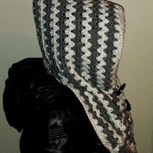 Granny Square Hooded Hood Cowl Scarf Crochet Pattern Toggle Buttons Teen Adult Women Easy Winter Worsted Hat PDF download Buttoned Stripes image 2