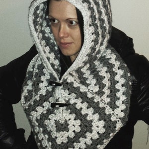 Granny Square Hooded Hood Cowl Scarf Crochet Pattern Toggle Buttons Teen Adult Women Easy Winter Worsted Hat PDF download Buttoned Stripes image 1
