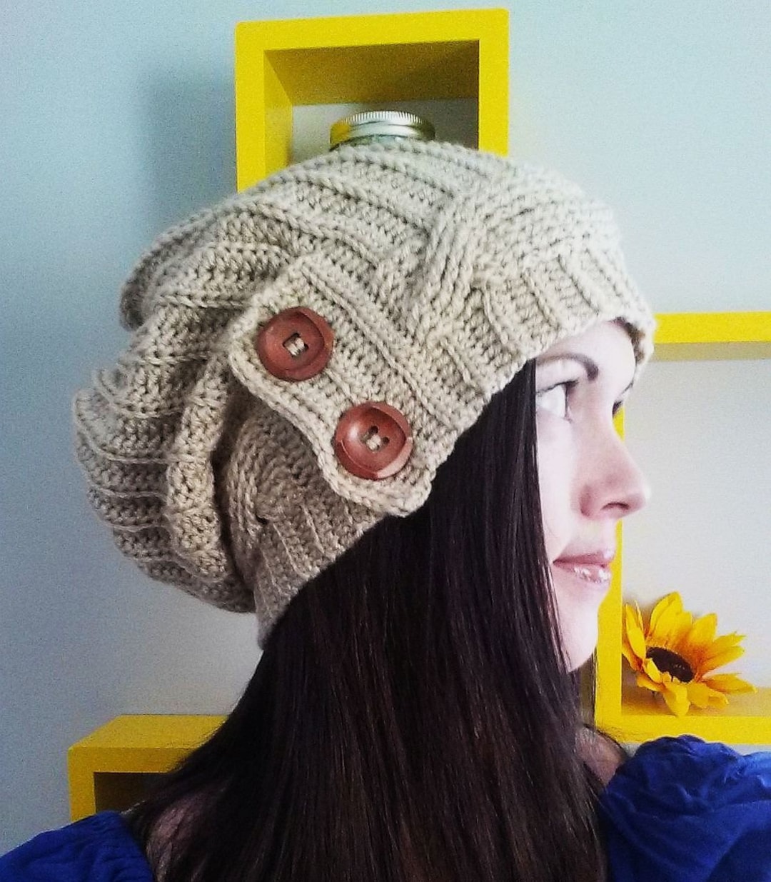 Cabled Slouchy Crochet Hat Pattern, Ribbed Button Beanie (PDF Pattern ...