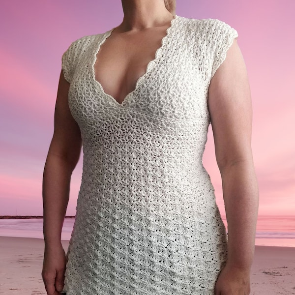 Fine Lacery Crochet Shirt Top Pattern Download PDF summer dress easy skill feature shells babydoll beach style deep neckline cap sleeve lace