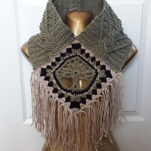 Tree of Life Fringed Cowl CROCHET PATTERN cable stitch post granny square diamond fringes cozy boho bohemian spiritual meaning worsted image 3