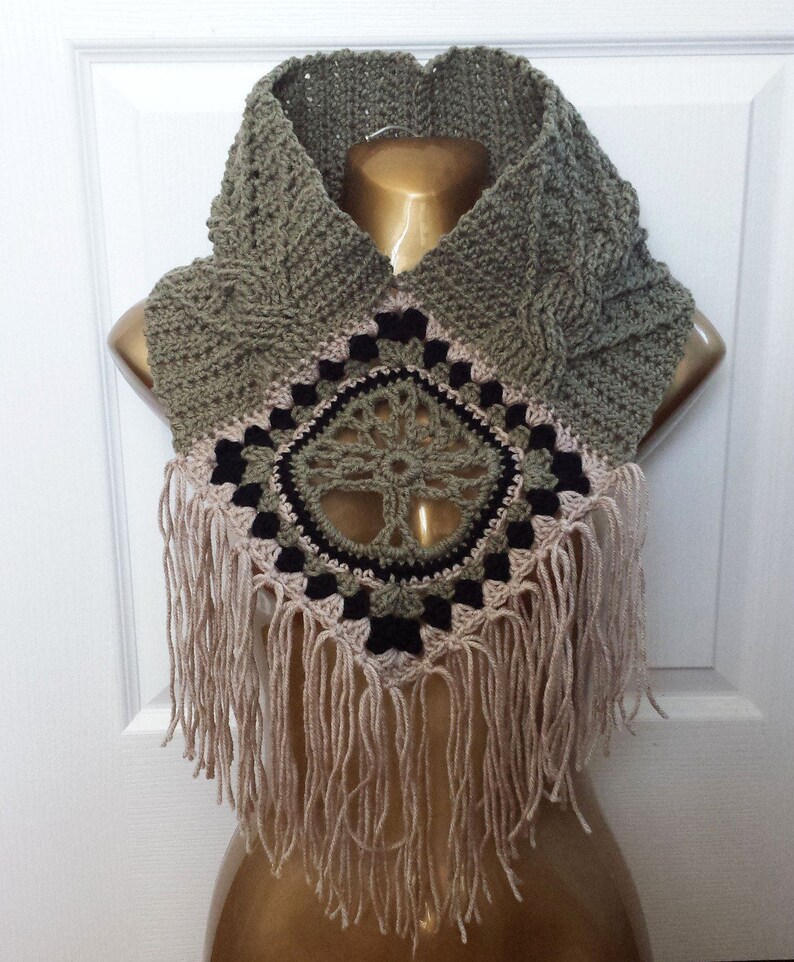 Tree of Life Fringed Cowl CROCHET PATTERN cable stitch post granny square diamond fringes cozy boho bohemian spiritual meaning worsted image 3