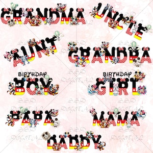 Nombre Mickey Minnie PNG, Imágenes prediseñadas de palabras familiares, Sublimación de cumpleaños, Letras para mamá, papá, niño y niña, Descarga digital de fuentes Disney
