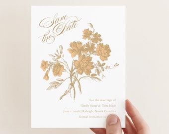 Save the Date Printable Floral Wedding Card Vintage Save the Date Template Rustic Elegant Save Date Matte Gold Flower Save Date Card, FEL