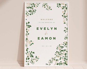 Modern Greenery Wedding Welcome Sign Template, Editable Floral Welcome Sign, Printable Matte Gold Emerald Welcome Sign, Instant Download VIN