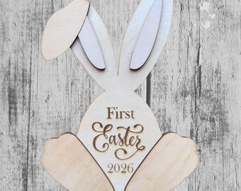 Baby First Easter Footprint Sign – Wooden Bunny Photo Prop |