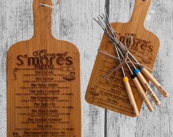 Engraved Bamboo S'mores Board with Roasting Sticks – Campfire Dessert Menu