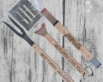 Personalized BBQ Tool Set – Engraved Spatula, Fork, Knife for Dad