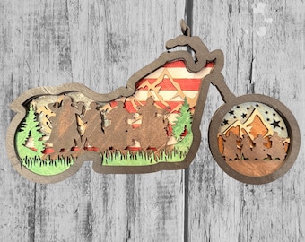 Layered Wood Motorcycle Wall Art – Adventure Riders Scene, Biker Garage Decor