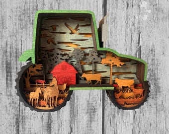 Handcrafted Layered Wood Tractor Farm Scene – Rustic Wall Art