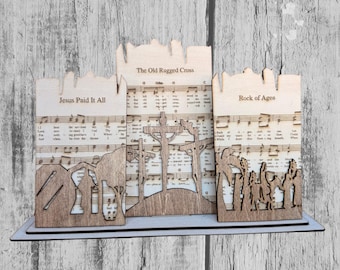 Layered Wood Hymn Art – Old Rugged Cross, Jesus Paid It All, Rock of Ages