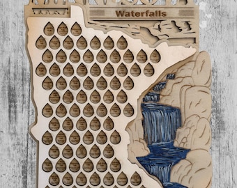 Handcrafted Minnesota Waterfalls Challenge Map – Layered Wooden Adventure Tracker