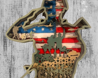 Layered Wood Military Tribute Wall Art – Saluting Soldier Patriotic Decor