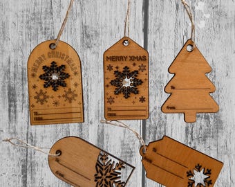 Laser-Cut Wooden Christmas Gift Tags - Rustic Holiday Decor, Set of 5