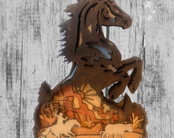 Layered Wood Western Horse Wall Art – Rearing Horse Desert Scene Decor