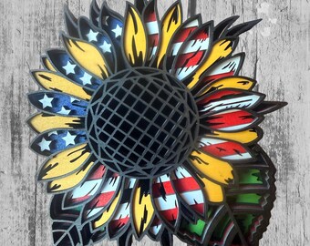 Layered Wood Sunflower American Flag Sign – Rustic Farmhouse Patriotic Wall Art