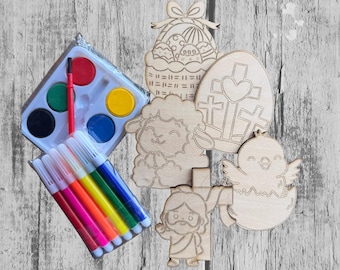 Wooden Easter Paint Kit – Laser Cut Craft Designs, Markers, Brush (Easter Basket Gift)