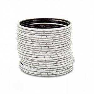 May include: A collection of silver bangles with a textured surface and small decorative details. The bangles are stacked together, creating a layered effect. The jewellery is set against a white background.