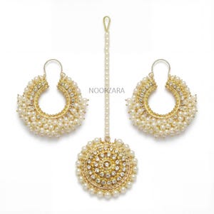 Pearl Chand bali Hoop Earrings & Round Mang Tikka – Trending Pakistani Jewellery