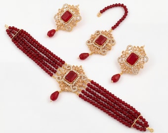 Simple Maroon Choker Necklace Set with Earrings and Maang Tikka – Pakistani jewellery