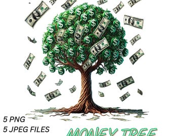May include: A watercolor illustration of a money tree with green leaves and dollar bills falling from the branches. The tree has a thick brown trunk and roots. The image is 4000x4000 pixels and 300 DPI.