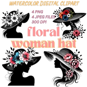 Illustrazioni stampabili di cappelli da donna ad acquerello, JPG di alta qualità, carta artigianale, clipart di cappelli floreali