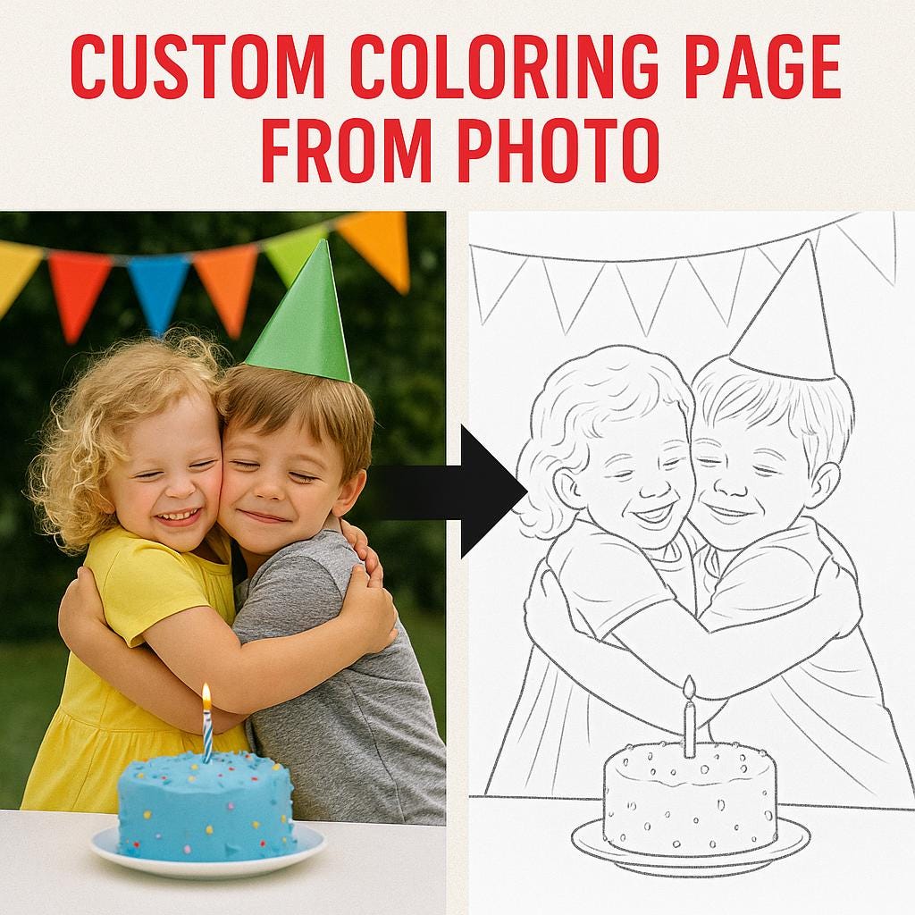 Custom coloring page from photo – personalized portrait – pets couples kids family – coloring book style digital download gift for all ages