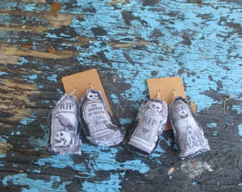 Tombstone Pillow Earrings hand sewn ooak spooky cute *ready to ship* sold as a set