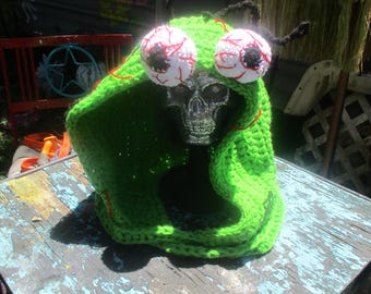 Zombie Yip Yip Hood  *ready to ship* ooak crochet horror fun creepy cute squeaky eyes