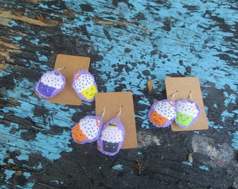 Spooky Cute Cupcake Pillow Earrings ooak hand sewn fabric sold as a set *ready to ship*
