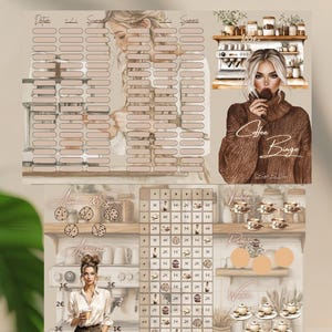 Könnte beinhalten: Ein beigefarbenes Spar-Tracker-Blatt mit Illustrationen einer Person im braunen Pullover und einer Person im weißen Hemd. Das Design im Café-Stil enthält den Text Coffee Bingo, Ausmalen & Sparen sowie 185€+.