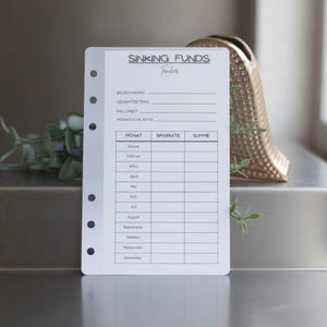 May include: A white paper planner insert with black text titled SINKING FUNDS Tracker. It features fields for BEZEICHNUNG, GESAMTBETRAG, FALLIGKEIT, and MONATLICHE RATE, followed by a table with columns for MONAT, SPARRATE, and SUMME listing months.
