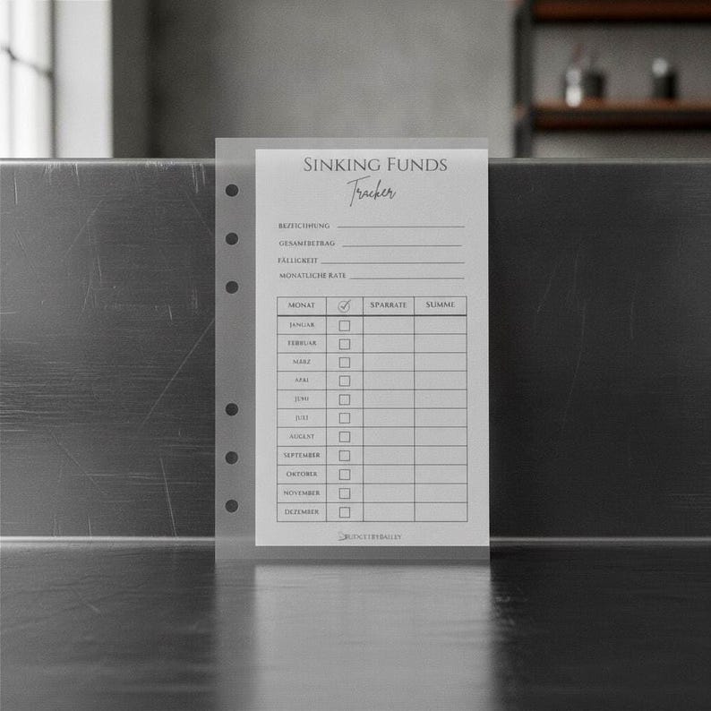 May include: A translucent, punched planner insert titled Sinking Funds Tracker with black printed text. The form includes fields for description, total amount, due date, and monthly rate, followed by a table listing months from January to December.