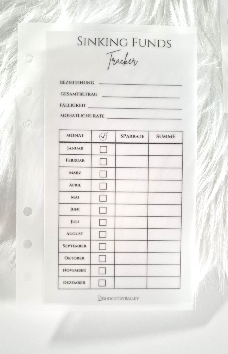 May include: A translucent planner insert titled Sinking Funds Tracker with German text fields for Bezeichnung, Gesamtbetrag, F&auml;lligkeit, and Monatliche Rate. Below, a table lists months from Januar to Dezember with columns for checkmarks, Sparrate, and Summe.
