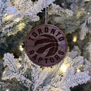 Laser Engraved Toronto Raptors Christmas Ornament: Birch or Walnut Wood