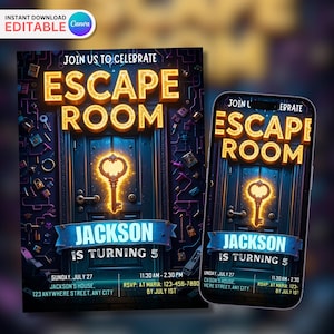 Escape Room Geburtstagseinladung, bearbeitbare Mystery Party einladen, Puzzlespielthema, Jungen-Geburtstagsfeier, druckbare Vorlage