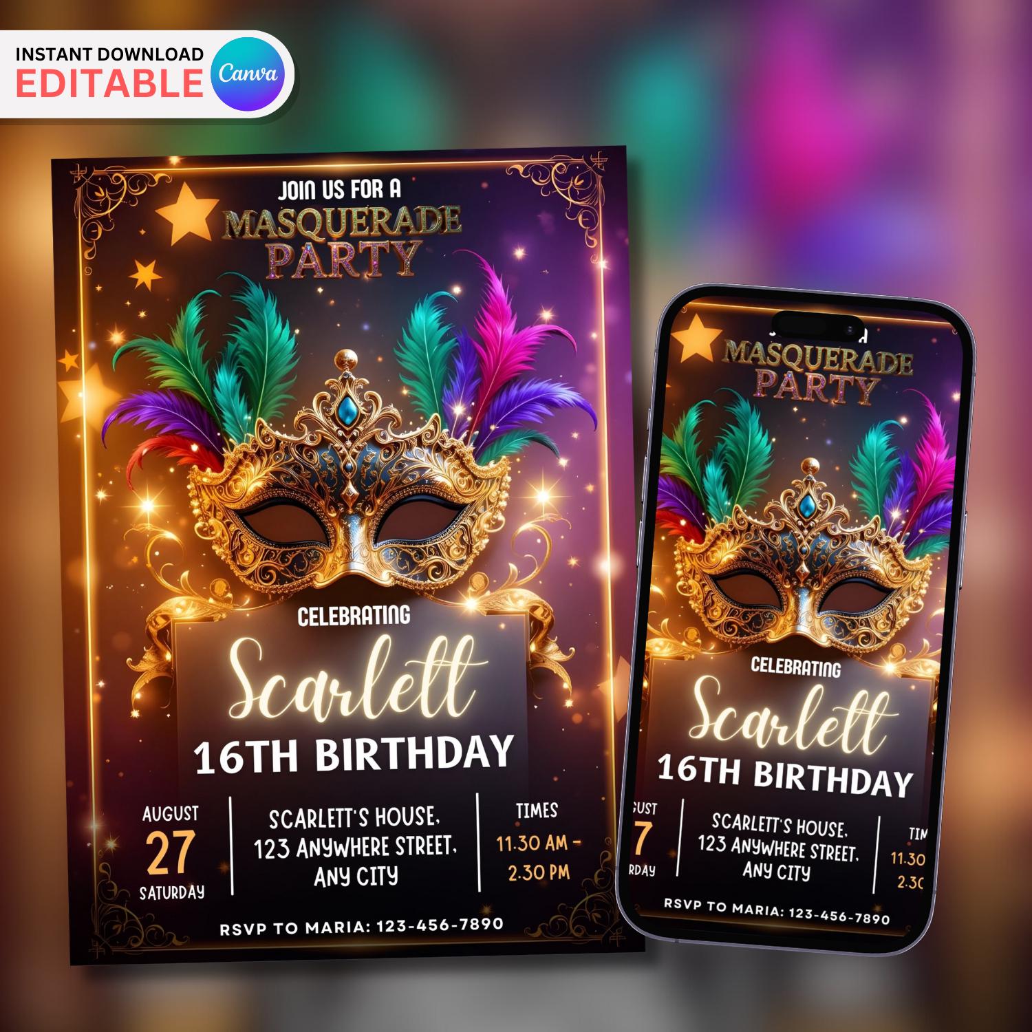 Invitación a fiesta de máscaras, invitación a baile de máscaras, fiesta de máscaras, descarga instantánea, plantilla editable