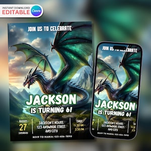 Carte d'invitation modifiable de fête d'anniversaire dragon réaliste, modèle modifiable, faire-part d'anniversaire gothique, anniversaire jurassique Mobile Evite