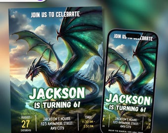編集可能なリアルなドラゴンの誕生日パーティー招待状、編集可能なテンプレート、ゴシックな誕生日招待状、ジュラシックバースデーモバイル招待状