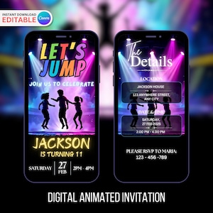 Bearbeitbare Trampoline Park animierte Geburtstagseinladung, Trampolin Park Geburtstagseinladung, Canva Vorlage, digitale Party einladen